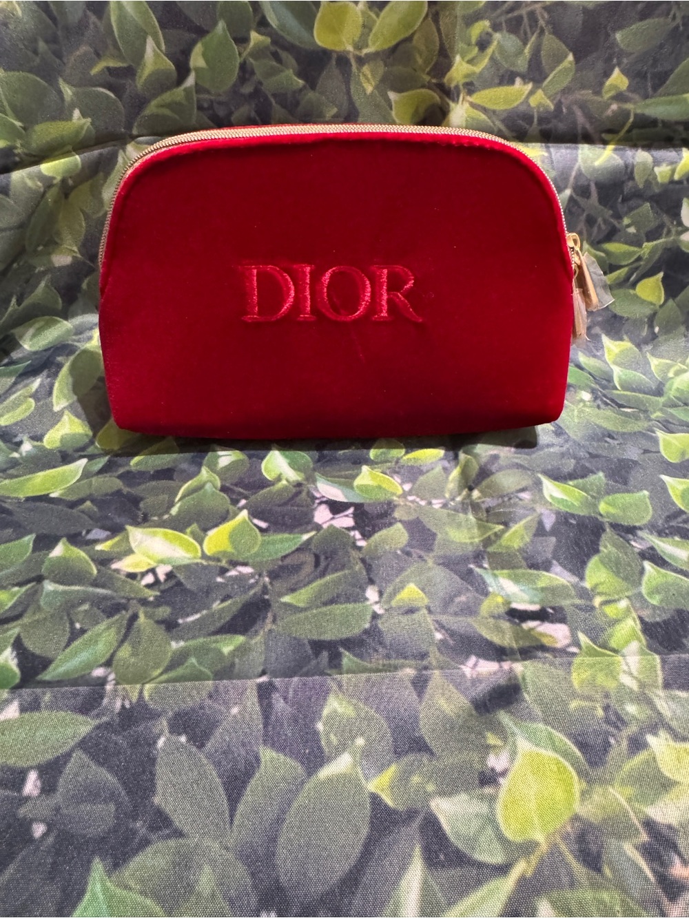 Dior Red Velvet Embroidered Cosmetic Pouch with Gold Trim